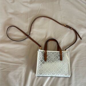 Tory Burch Mini T Monogram Square White and Brown Crossbody Bag
